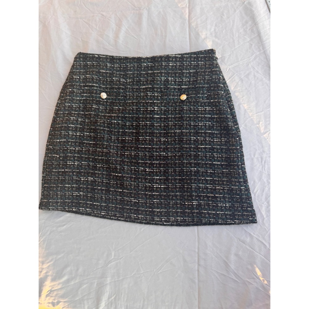 LOFT Women Green Navy Tweed Mini Skirt Gold Button Metallic Boucle Size 10